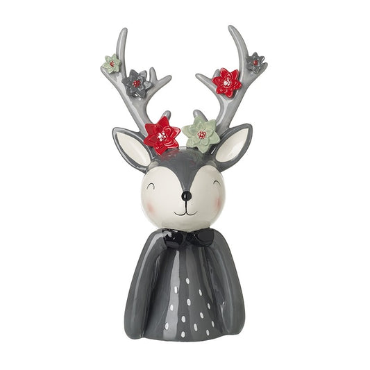 Large Grey Ceramic Deer With Flower Antlers