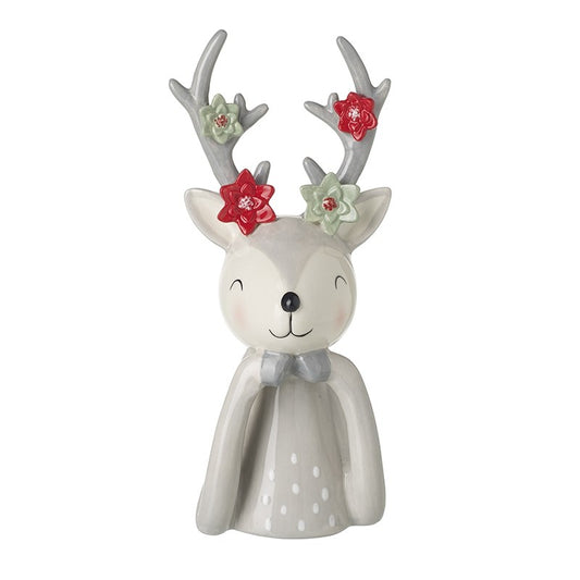 Ceramic Light Grey Reindeer With Flower Antlers