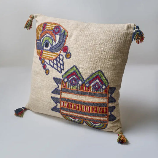 Embroidered Tribal-Inspired Cushion with Filler