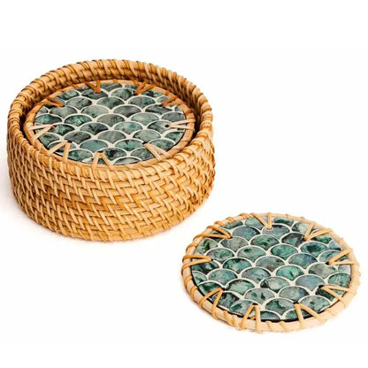 Natural Rattan & Mother of Pearl Kitchen Coasters (Set of 6)