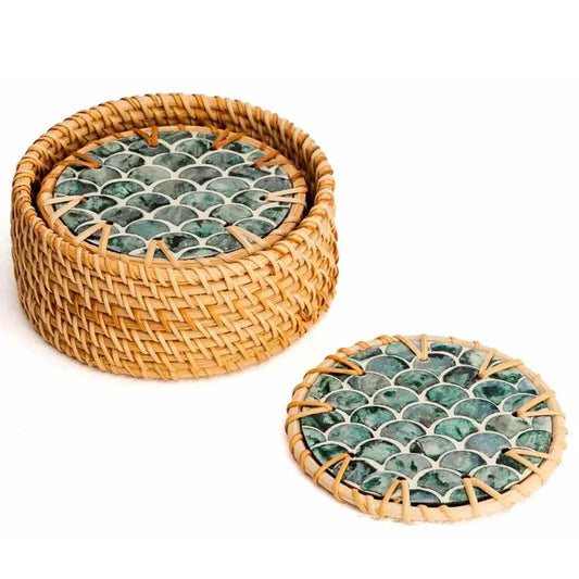 Natural Rattan & Mother of Pearl Kitchen Coasters (Set of 6)