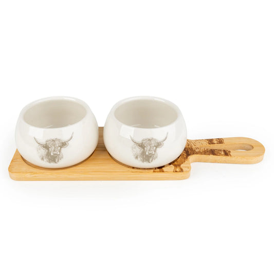 Set of 2 Bowls on Bamboo Tray - Highland Cow