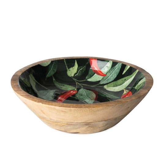 Large Mango Wood Bowl - Enamel Chilli Print