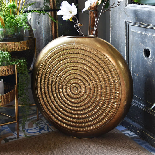 Large Oval Embossed Metal Vase - Antique Gold