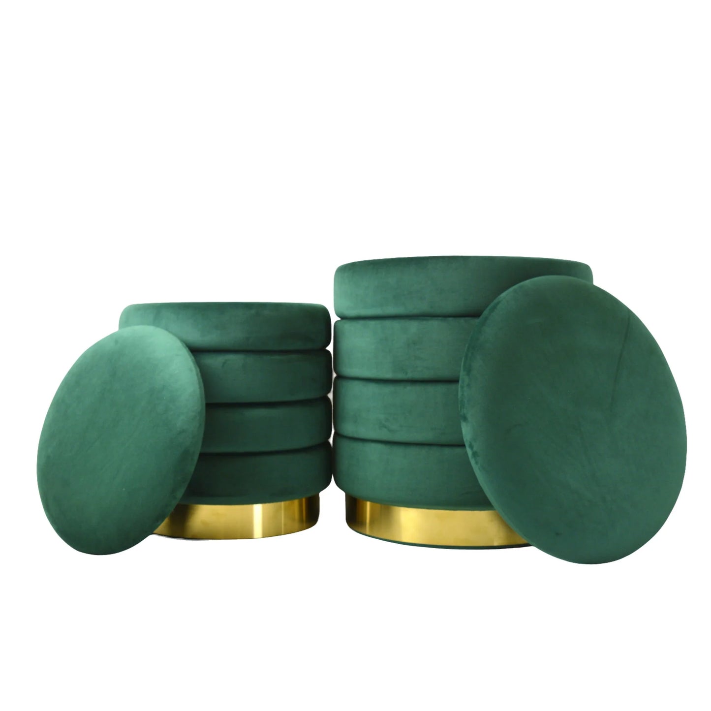 Set of two Ottomans in Emerald Green with Gold Base