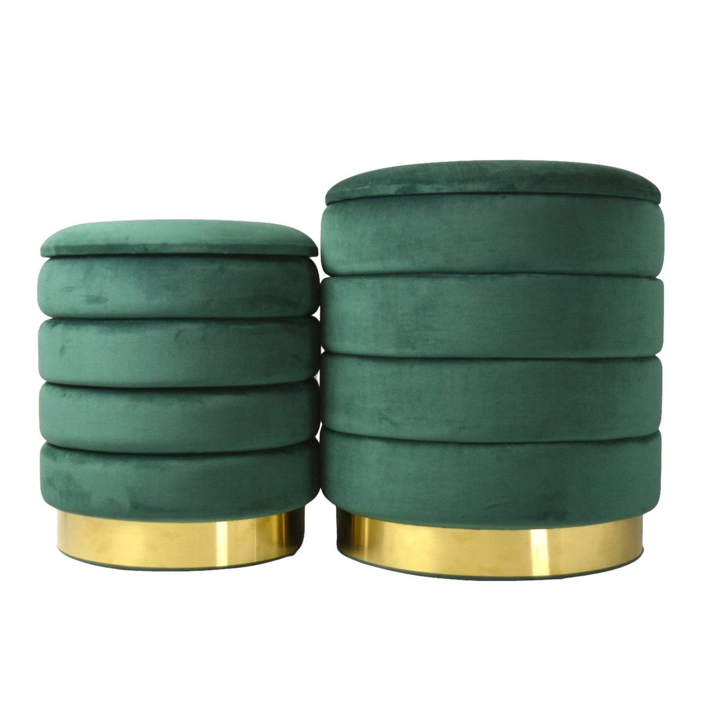 Set of two Ottomans in Emerald Green with Gold Base
