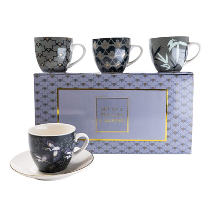 Set of 4 Tea Cups and Saucers in Oriental Heron Design with Gold Rim in Gift Box