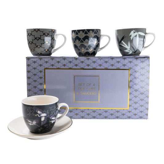 Set of 4 Tea Cups and Saucers in Oriental Heron Design with Gold Rim in Gift Box