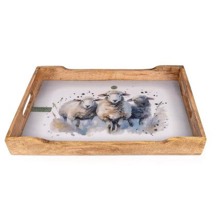 Rectangular Wooden Tray with Sheep Design
