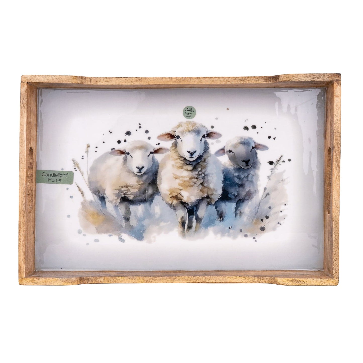 Rectangular Wooden Tray with Sheep Design
