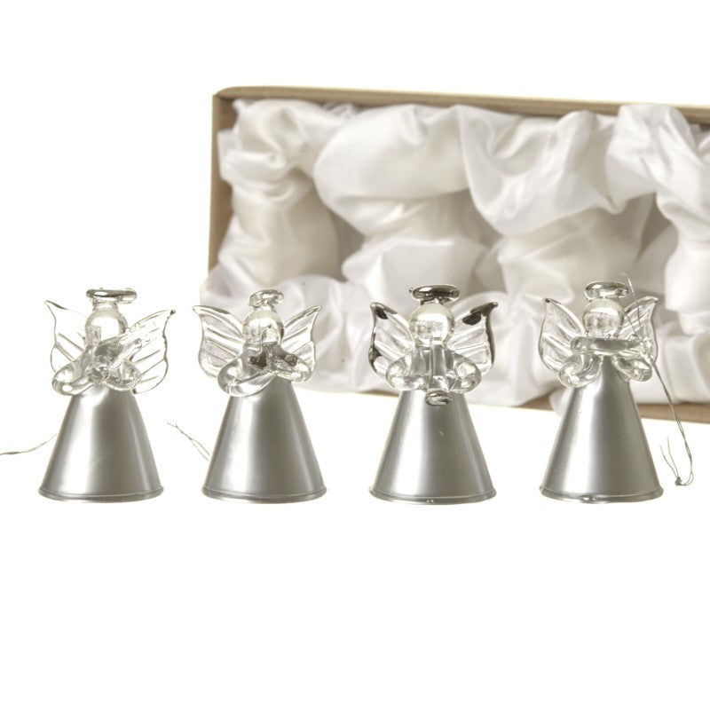 Set of 4 Hanging Glass Silver Angels
