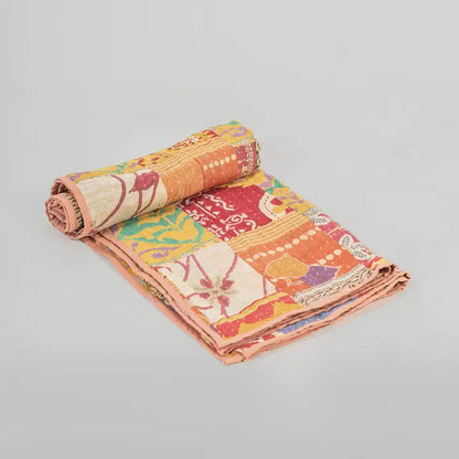 Hand Stitched Vintage Handstitched Cotton Kantha Throws - Peach