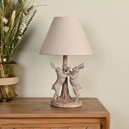 Hestia Wood Effect Hare Table Lamp With Natural Shade 17.5"
