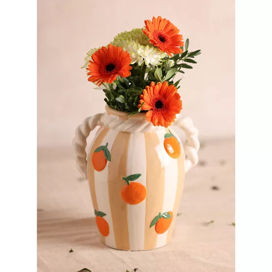 Hestia Striped Vase With Oranges And Rope Effect Handle