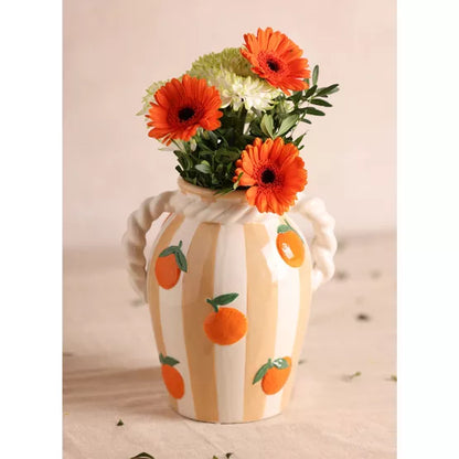 Hestia Striped Vase With Oranges And Rope Effect Handle