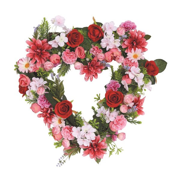 Heart Floral Wreath Pink and Red Rose, Rhododendron and Dahlia 45cm